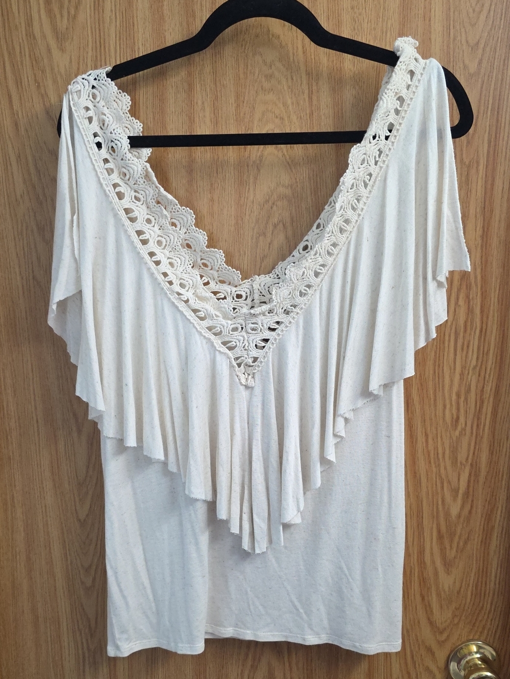 gimmicks by BKE Cream Crochet V-Neck Ruffle Tunic